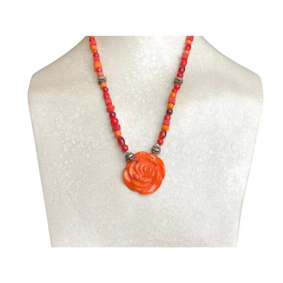 Boho Statement Necklace Orange Red Beaded Resin Rose Pendant Hook Clasp - Picture 3 of 6
